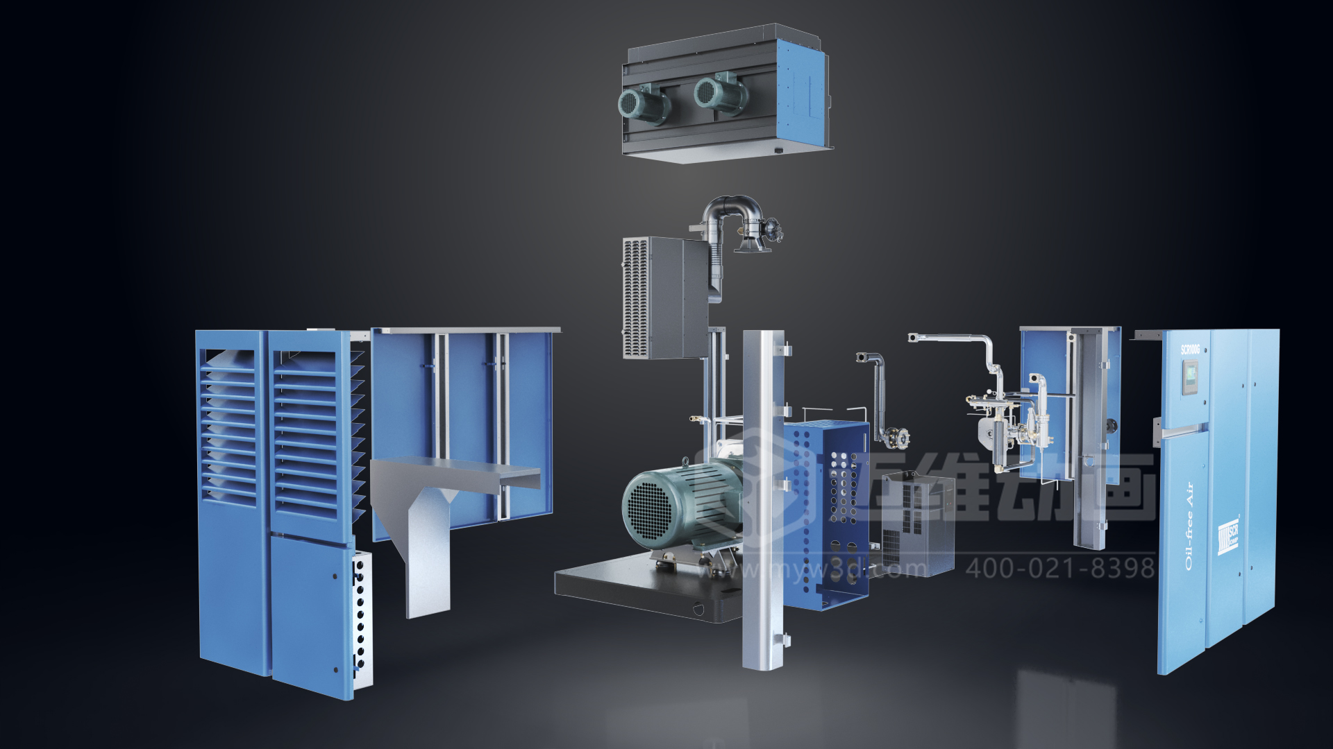 無油螺桿空壓機(jī)三維動(dòng)畫展示(圖2) 無油螺桿空壓機(jī)三維動(dòng)畫展示(圖2)